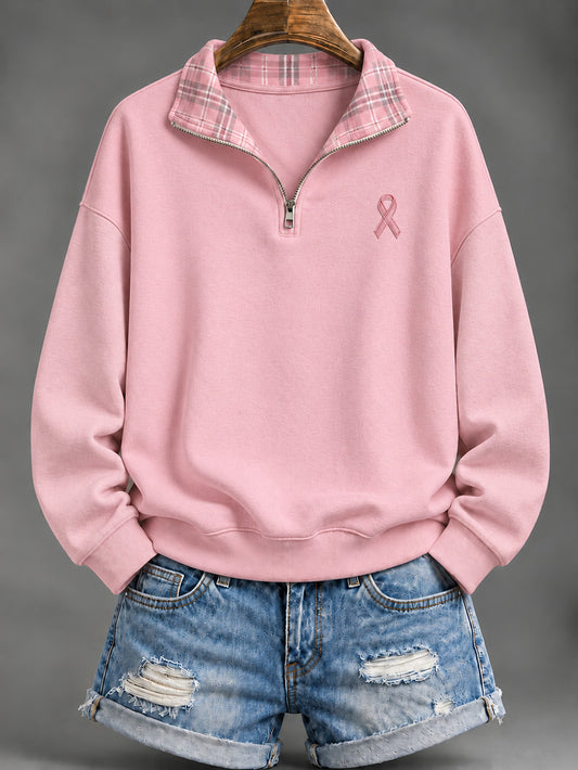 Women's Pink Checkered and Pink Charity Ribbon Pattern Casual Half-Zip Sweatshirt