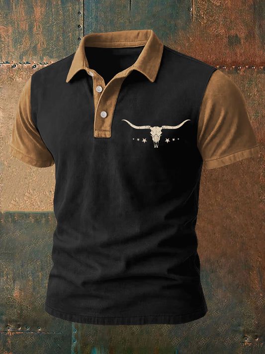Men's Retro Western Bull Skull Print Casual Top