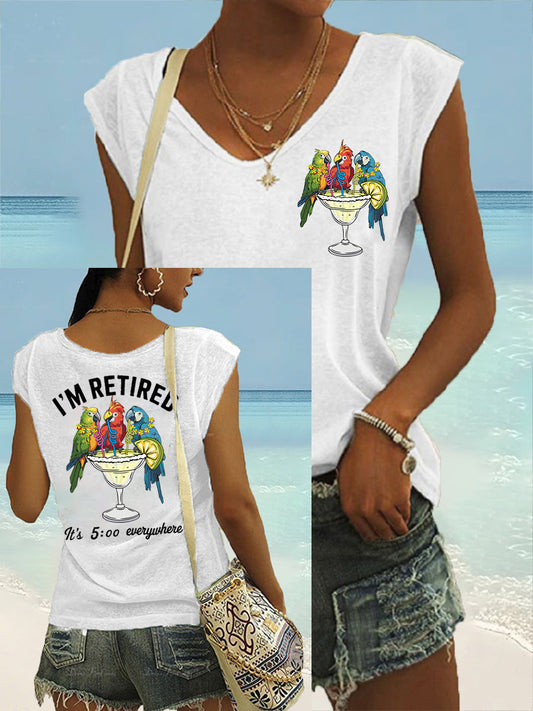 Women's I'm Retired It's 5 O'clock Everywhere Parrot Print Casual Sleeveless Tee
