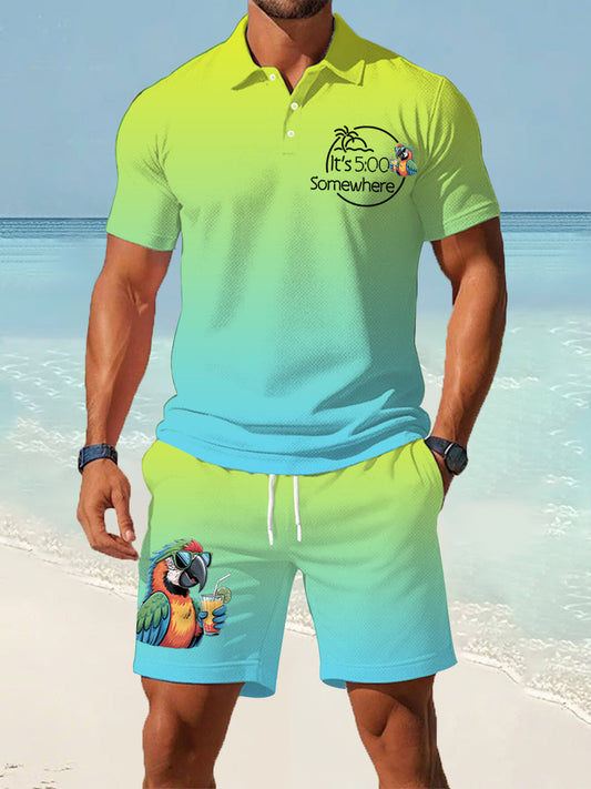 Men's I'm Retired It's 5 O'clock Everywhere Parrot Print Casual Two-Piece Set