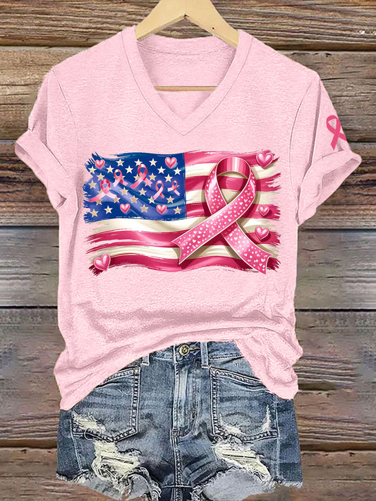 Women's Breast Cancer Awareness American Flag Pink Ribbon Print T-Shirt