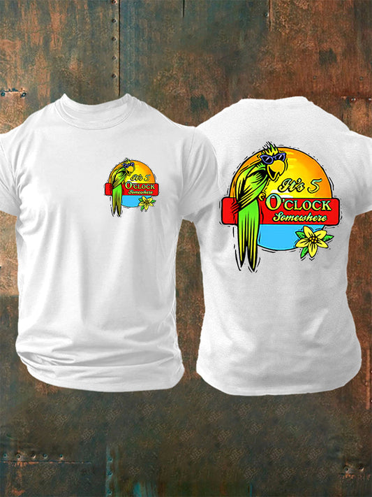 Men's It's 5:00 Somewhere Always Happy Hour Paradise Parrot Print Casual Short Sleeve Tee