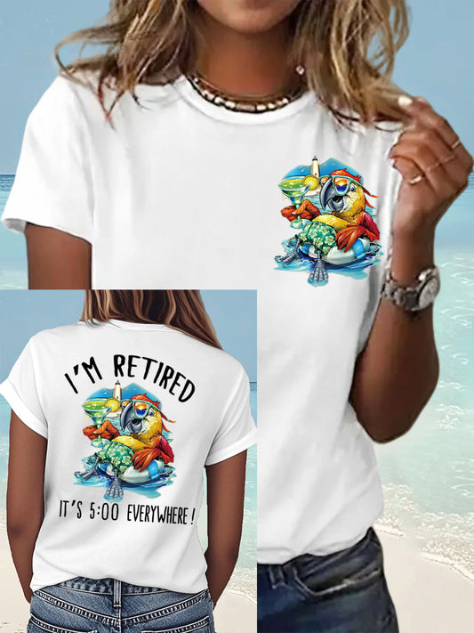 Women's I'm Retired It's 5 O'clock Everywhere Parrot Print Casual Tee