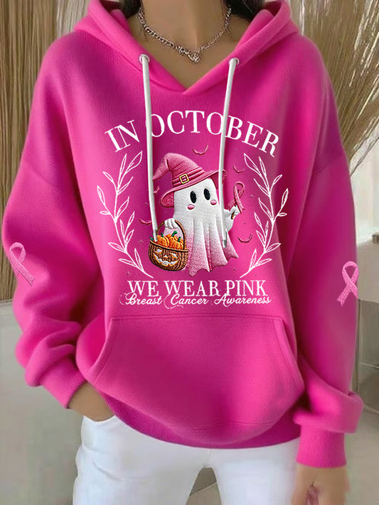 Women's In October We Wear Pink Halloween Pink Ghost Breast Cancer Awareness Support Hoodie