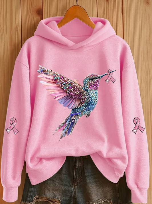 Women's Pink Ribbon Print Casual Hoodie