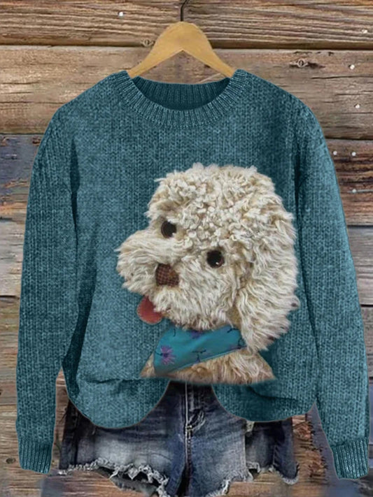 Women's Fuzzy Dog Plush Patchwork Knit Sweater