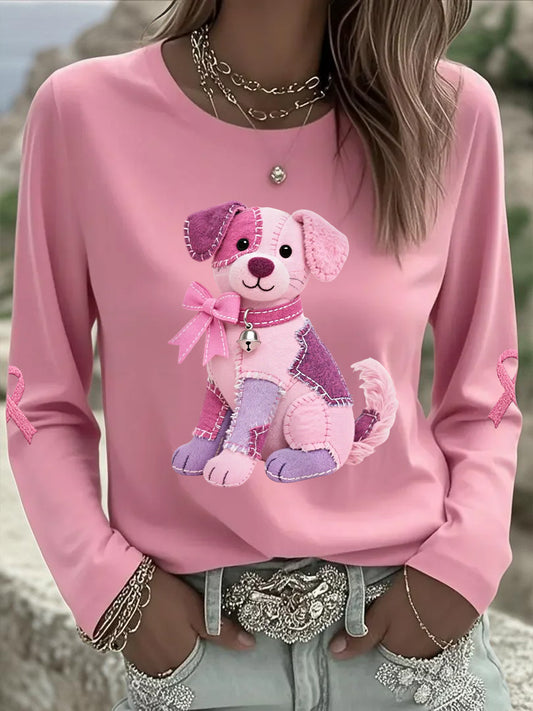 Women's Pink Dog Pink Ribbon Breast Cancer Awareness Support Long-Sleeve T-shirt
