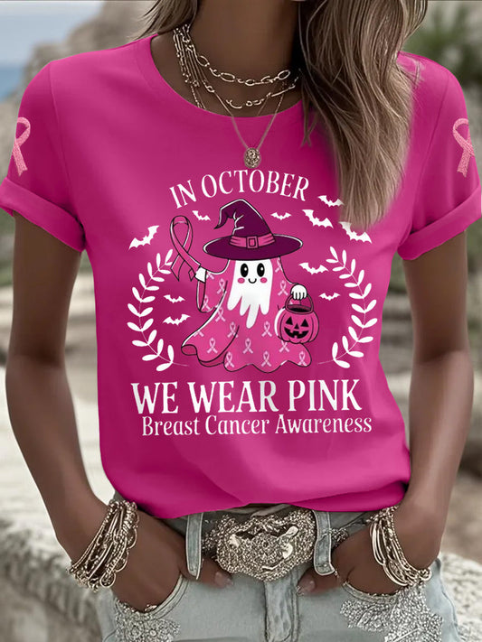 Women's In October We Wear Pink Halloween Pink Ghost Breast Cancer Awareness Support Tee