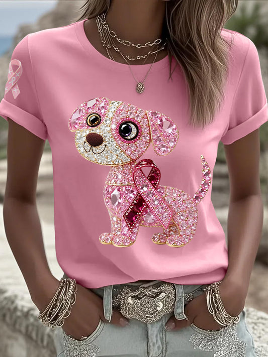 Women's Breast Cancer Awareness Support Pink Dog Pink Ribbon Print Short Sleeve Top