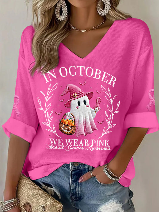 Women's In October We Wear Pink Halloween Pink Ghost Breast Cancer Awareness Support Long Sleeve Top