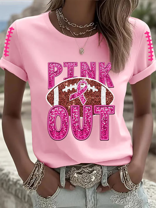 Women's Breast cancer Awareness Pink Ribbon Pink Out Print Casual T-Shirt