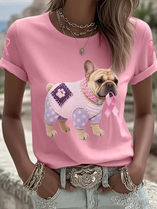 Women's Pink Dog Pink Ribbon Breast Cancer Awareness Support Tee