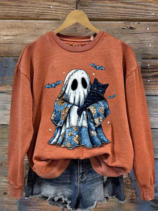 Women's Cute Halloween Ghost Black Cat Print Casual Sweatshirt