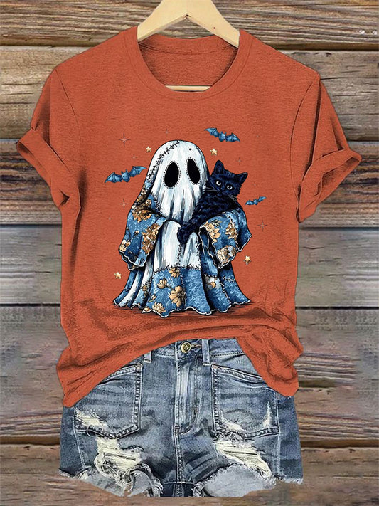 Women's Cute Halloween Ghost Black Cat Print Casual Tee