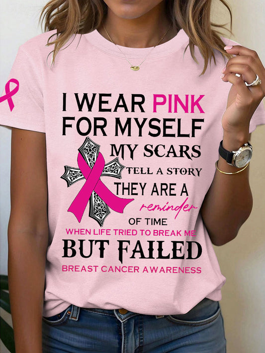Women's I Wear Pink For Myself My Scars Tell A Story Breast Cancer Print T-Shirt