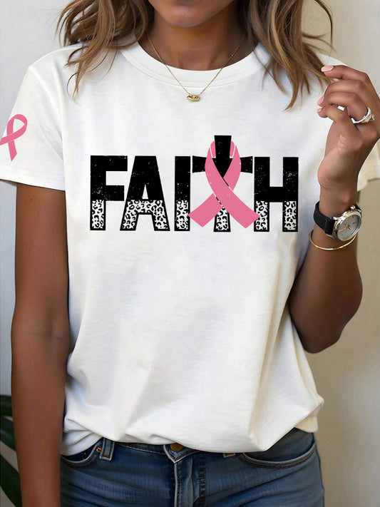 Women's Breast Cancer Awareness Faith Print T-Shirt