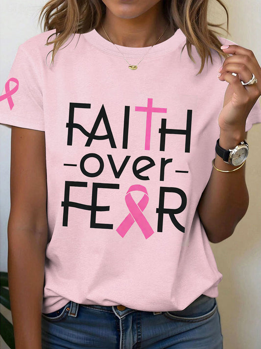 Women's Breast Cancer Awareness Faith Over Fear Print T-Shirt