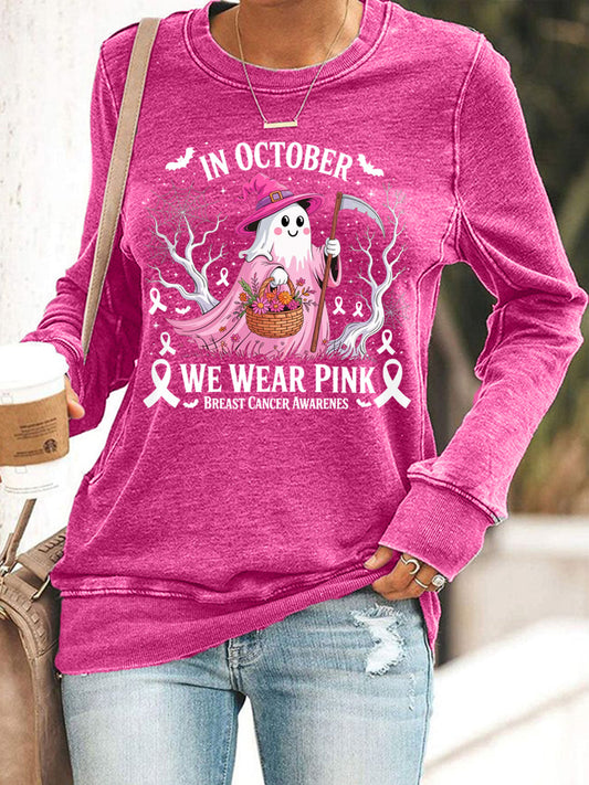 Women's In October We Wear Pink Halloween Pink Ghost Breast Cancer Awareness Sweatshirt