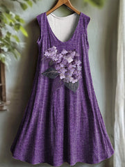 Women's Purple Flora Art Print V-neck Dress