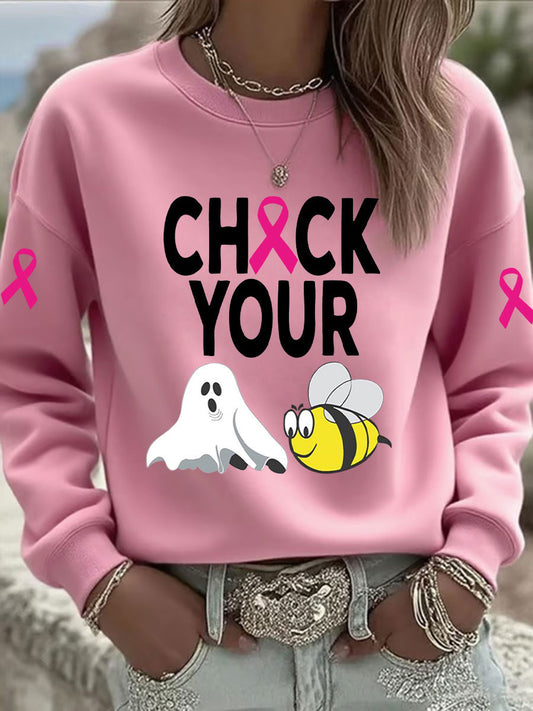 Women's Breast Cancer Awareness Check Your Boo Bees Printed Casual Sweatshirt