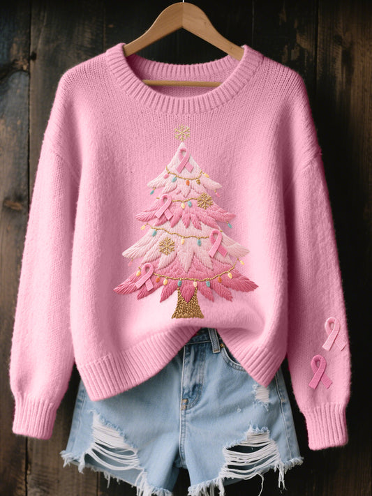 Women's Pink Christmas Tree Embroidered Cozy Knit Sweater