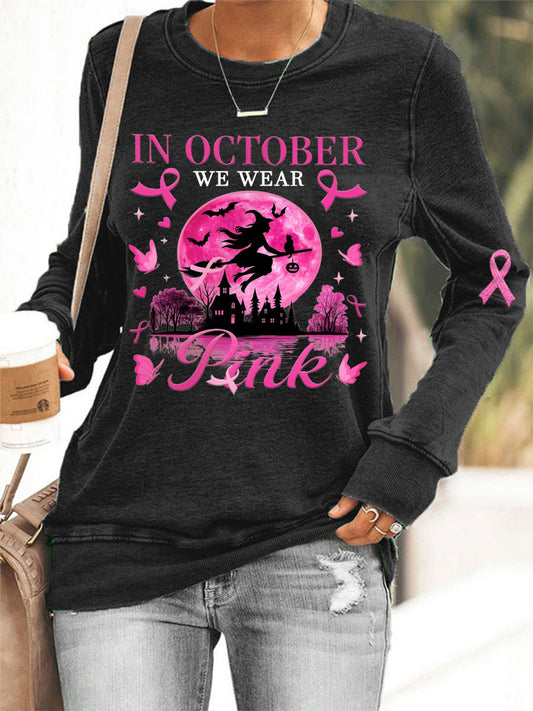 Women's In October We Wear Pink, Pink Halloween Witch Breast Cancer Awareness Sweatshirt
