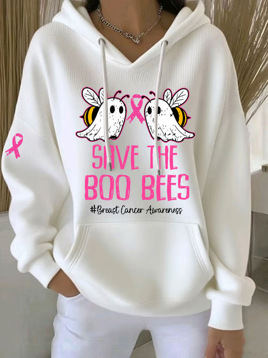Women's Breast Cancer Awareness Save The Boo Bees Printed Casual Hoodie