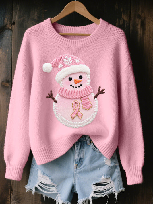 Women's Cute Christmas Snowman Embroidered Cozy Knit Sweater