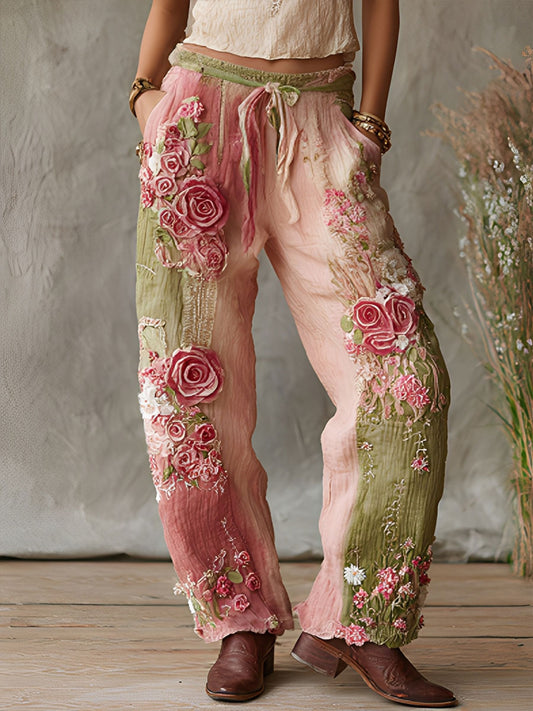 Women's breast cancer pink floral casual pants
