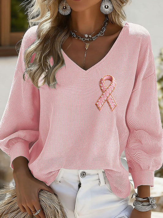 Women's Pink Ribbon Print Casual T-shirt