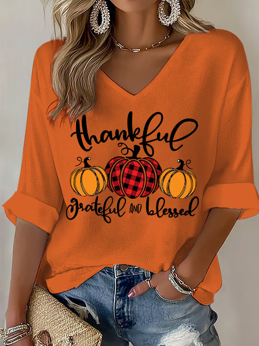 Women's Thankful Greatful And Blessed Waffle T-shirt