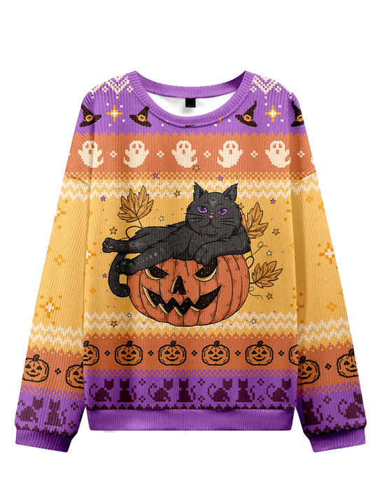 Women's Funny Halloween Black Cat Print Ugly Sweatshirt