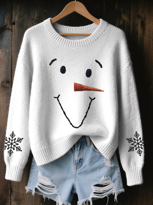 Women's Cute Snowman Embroidered Cozy Knit Sweater