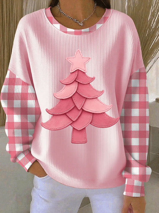 Women's Christmas Tree Print Ribbed Round-Neck Sweatshirt
