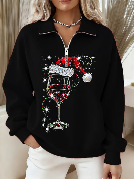 Women's Christmas Santa Claus Hat Wine Glass Long Sleeve Zipper Sweatshirt