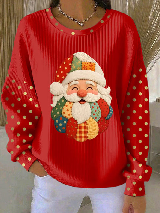 Women's Christmas Santa Claus Art Ribbed Round-Neck Sweatshirt
