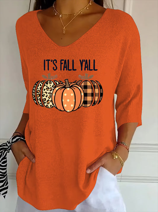 Women's Autumn It's Fall Y'ALL Printed V-Neck Casual Top