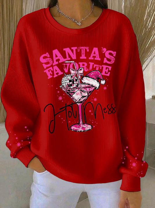 Women's Santa's Favorite Printed Ribbed Round-Neck Sweatshirt