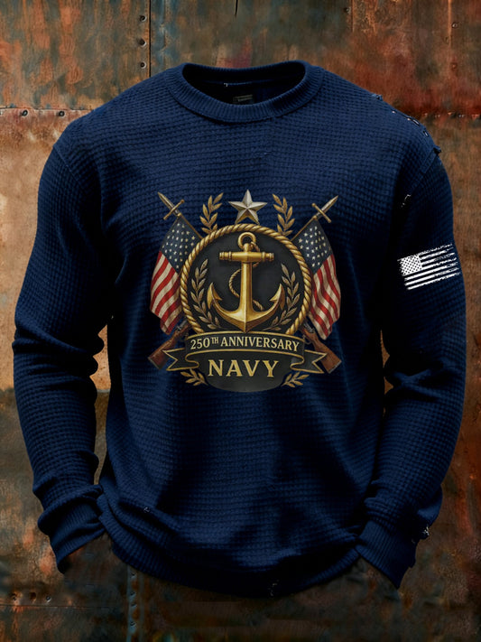 Men's Navy Printed Waffle Long Sleeve T-Shirt