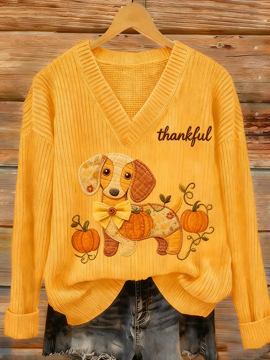 Women's Thanksgiving Give Thanks Sausage Dog Pumpkin Print Top