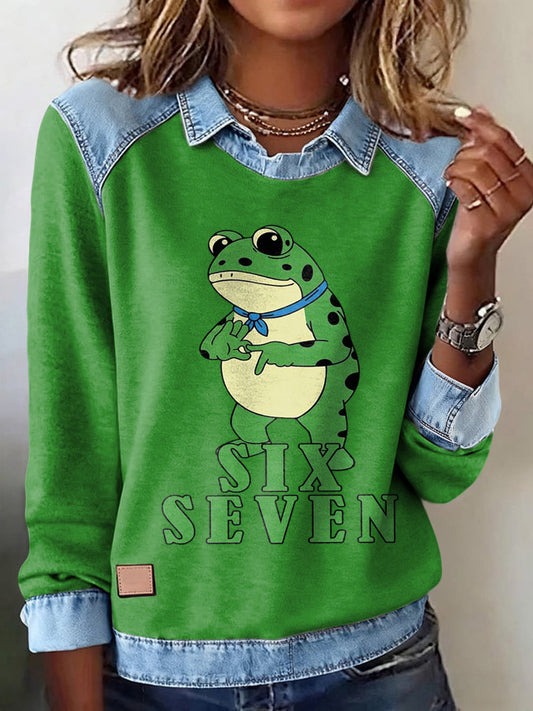 Women's Funny 67 Six Seven Portland Frog Printed Casual Long Sleeve Top