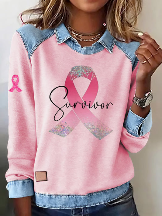 Women's Breast Cancer Awareness Survivor Pink Ribbon Casual  Top