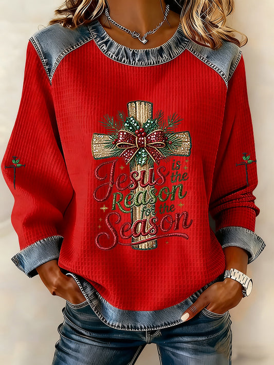 Women's Jesus Is The Reason For The Season Cross Denim Patchwork Top