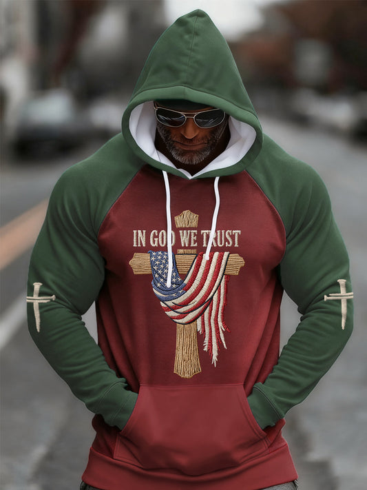 Men's In God We Trust USA Flag Cross Print Casual Hoodie
