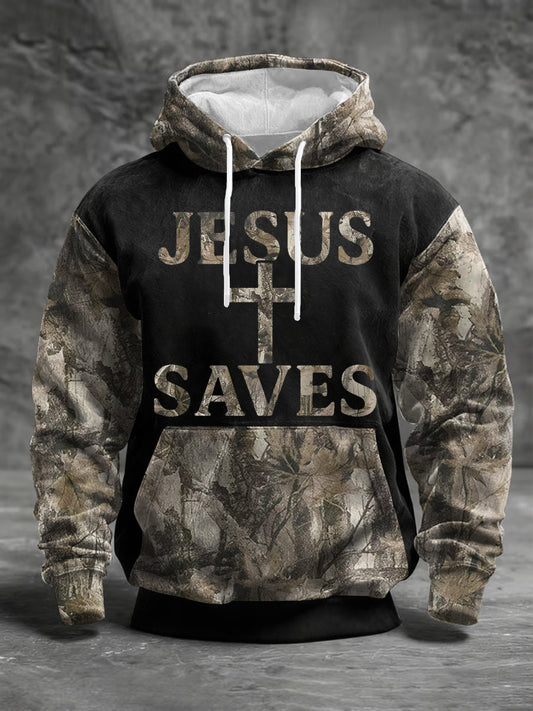 Men's Jesus Saves Cross Faith Forest Camouflage Print Casual Hoodie
