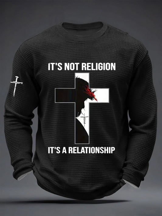 Men's It’s Not Religion It’s A Relationship Jesus Cross Waffle Long Sleeve T-Shirt