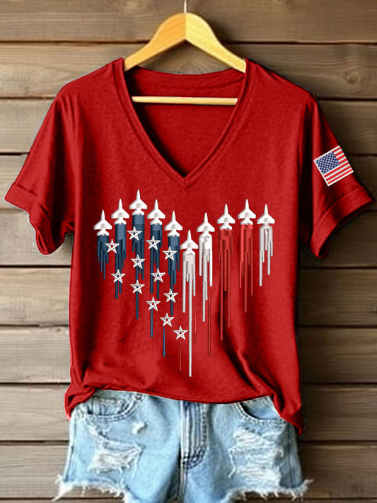 Women's American Heart Print V-Neck T-Shirt