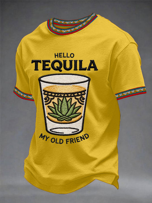 Men's Funny HELLO TEQUILA MY OLD FRIEND Cinco De Mayo Print Casual Tee