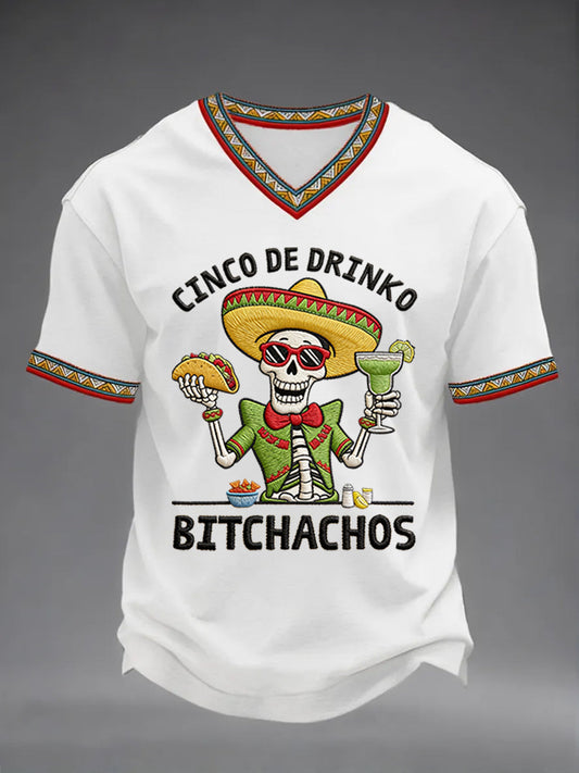Men's Funny Cinco De Drinko Bitchachos Skeleton Print Casual V-Neck Tee