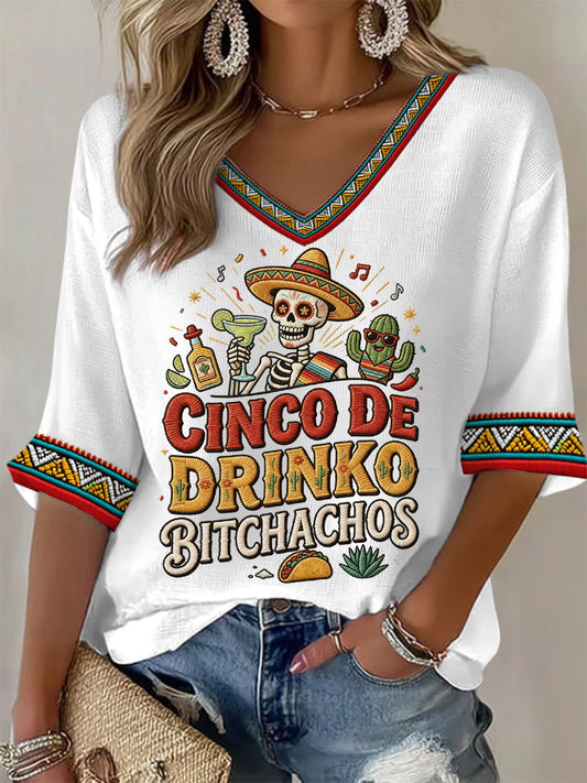 Women's Funny Cinco De Drinko Bitchachos Skeleton Print Casual Waffle Top